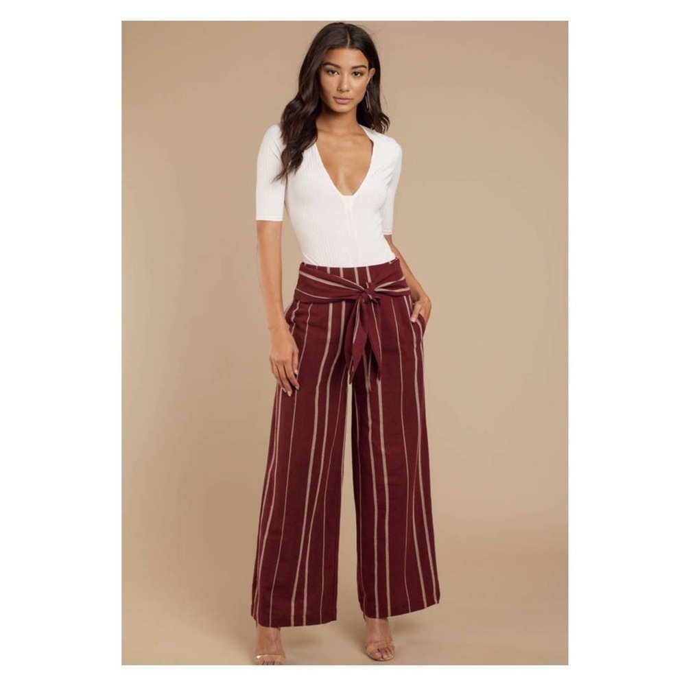 Moon River Burgundy Stripe Tie Waist Wide Leg Pants Small - Picture 2 of 8